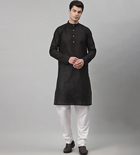 Men Black Floral Thread Work Kurta