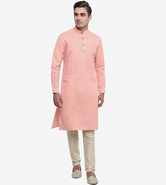 Men Pink Cotton Solid Mandarin Collar Ethnic Kurtas