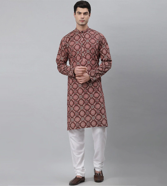 Men Maroon Printed Khadi Kurta