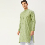 Men Green Embroidered Mirror Work Pure Cotton Kurtas