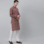 Men Maroon Printed Khadi Kurta