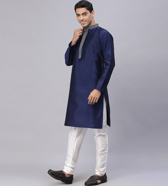 Men Navy Blue Dupion Silk Kurta