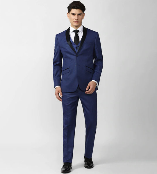 Men Blue Self-Design Single-Breasted Slim-Fit Three-Piece Suit