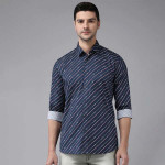 Men Navy Blue Slim Fit Horizontal Striped And Printed Casual Shirt