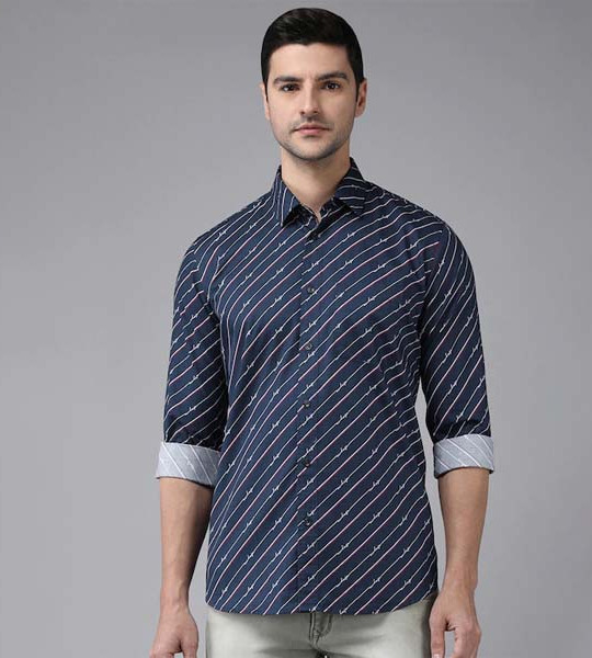 Men Navy Blue Slim Fit Horizontal Striped And Printed Casual Shirt