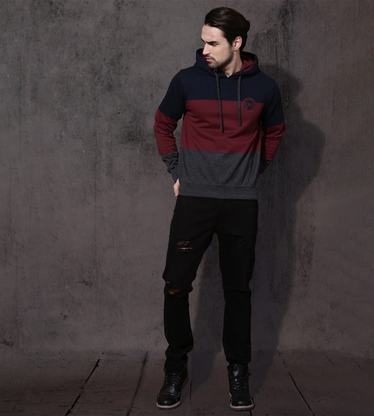 Men Maroon & Navy Blue Colourblocked Hooded Sweatshirt