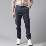 Men Navy Blue Solid Mid-Rise Woven Pure Cotten Cargo Trousers