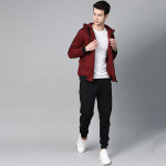 Men Maroon Solid Hooded Sweatshirt