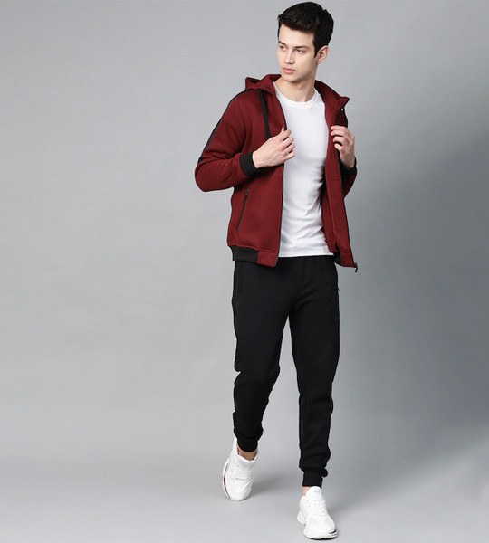 Men Maroon Solid Hooded Sweatshirt