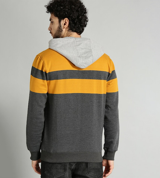 The Lifestyle Co Men Charcoal Grey & Mustard Yellow Colourblocked Hooded Sweatshirt