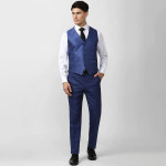 Men Blue Self-Design Single-Breasted Slim-Fit Three-Piece Suit