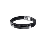 Men Black & Silver-Toned Stainless Steel Wrist Leather Wraparound Bracelet