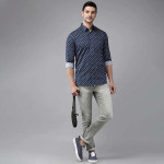 Men Navy Blue Slim Fit Horizontal Striped And Printed Casual Shirt